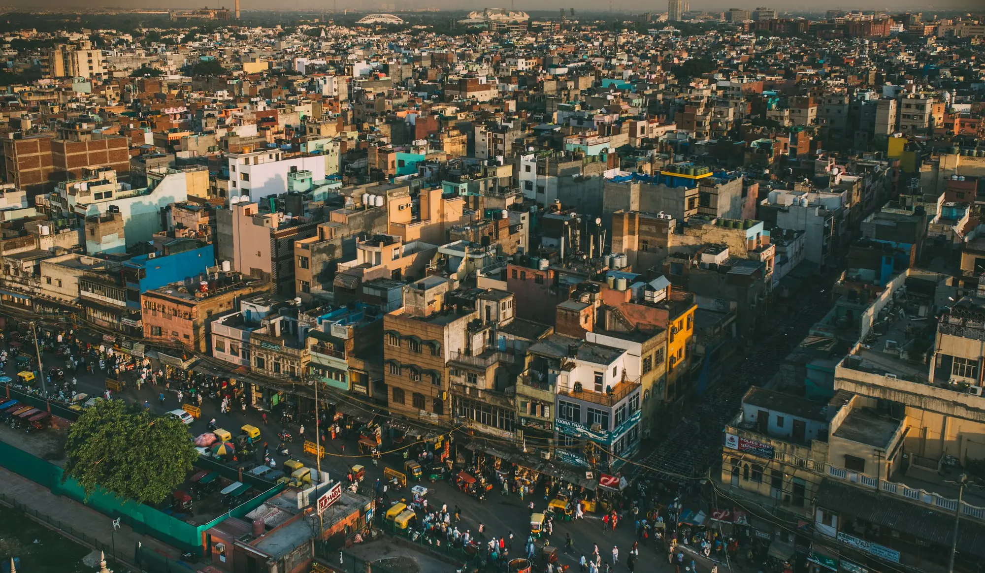 Aerial view of dense residential rooftops in Delhi